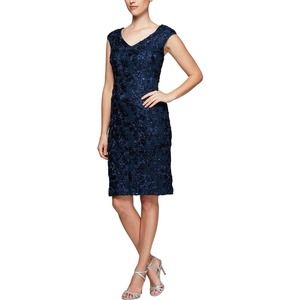 NWT Alex Evenings Rosette Sheath Navy Cocktail Evening Dress Size 12